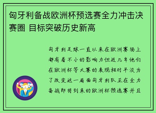 匈牙利备战欧洲杯预选赛全力冲击决赛圈 目标突破历史新高
