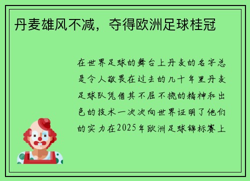 丹麦雄风不减，夺得欧洲足球桂冠