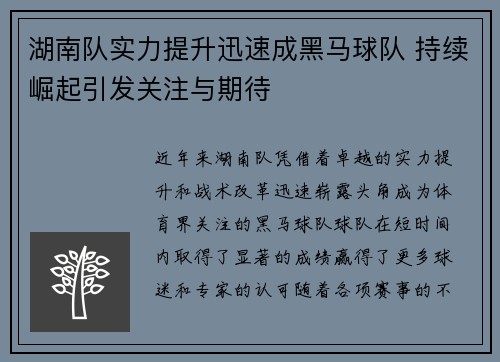 湖南队实力提升迅速成黑马球队 持续崛起引发关注与期待