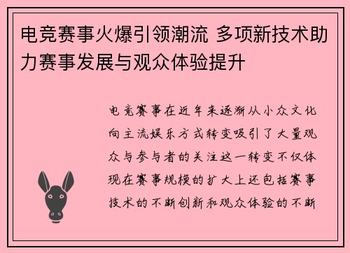 电竞赛事火爆引领潮流 多项新技术助力赛事发展与观众体验提升