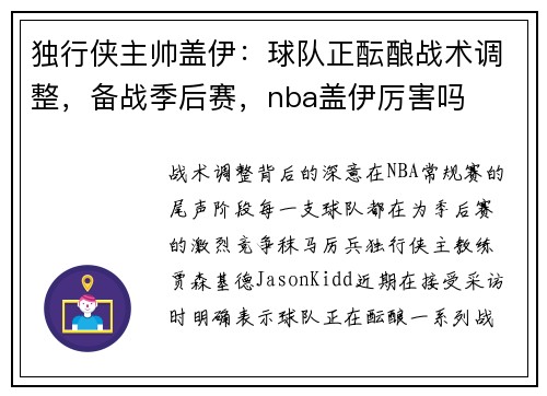 独行侠主帅盖伊：球队正酝酿战术调整，备战季后赛，nba盖伊厉害吗