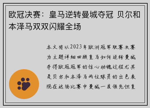 欧冠决赛：皇马逆转曼城夺冠 贝尔和本泽马双双闪耀全场